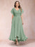 A-Line/Princess V-Neck Short Sleeves Long Plus Size Evening Dresses with Appliques