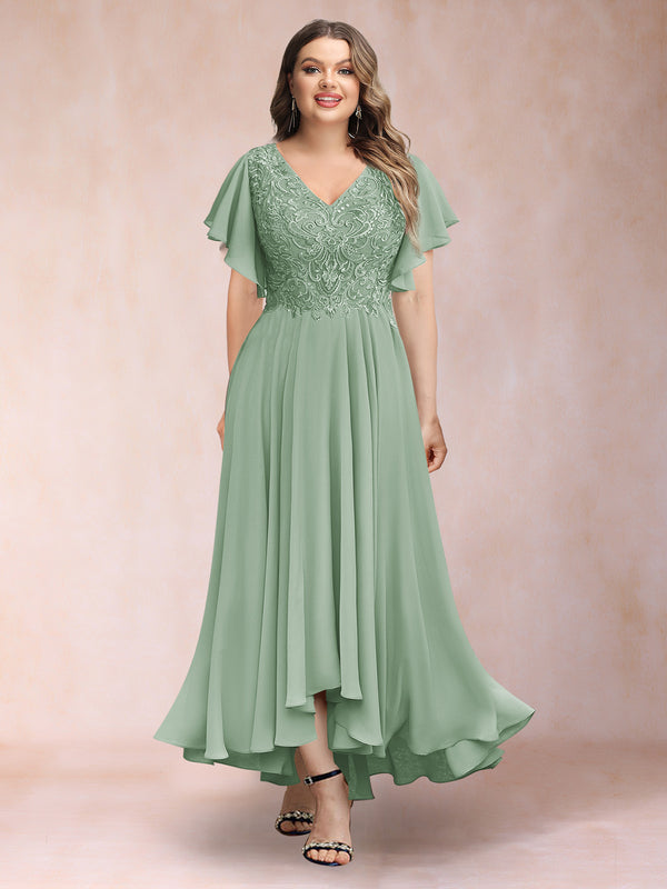 A-Line/Princess V-Neck Short Sleeves Long Plus Size Evening Dresses with Appliques