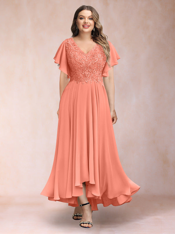A-Line/Princess V-Neck Short Sleeves Long Plus Size Evening Dresses with Appliques