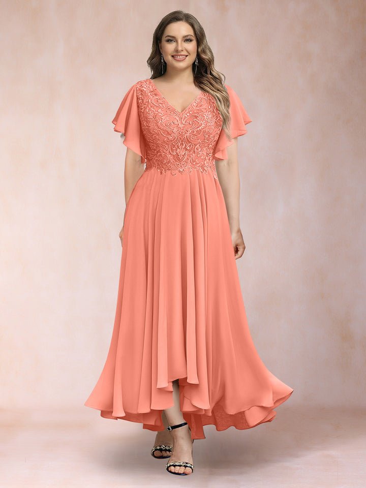 A-Line/Princess V-Neck Short Sleeves Long Plus Size Evening Dresses with Appliques