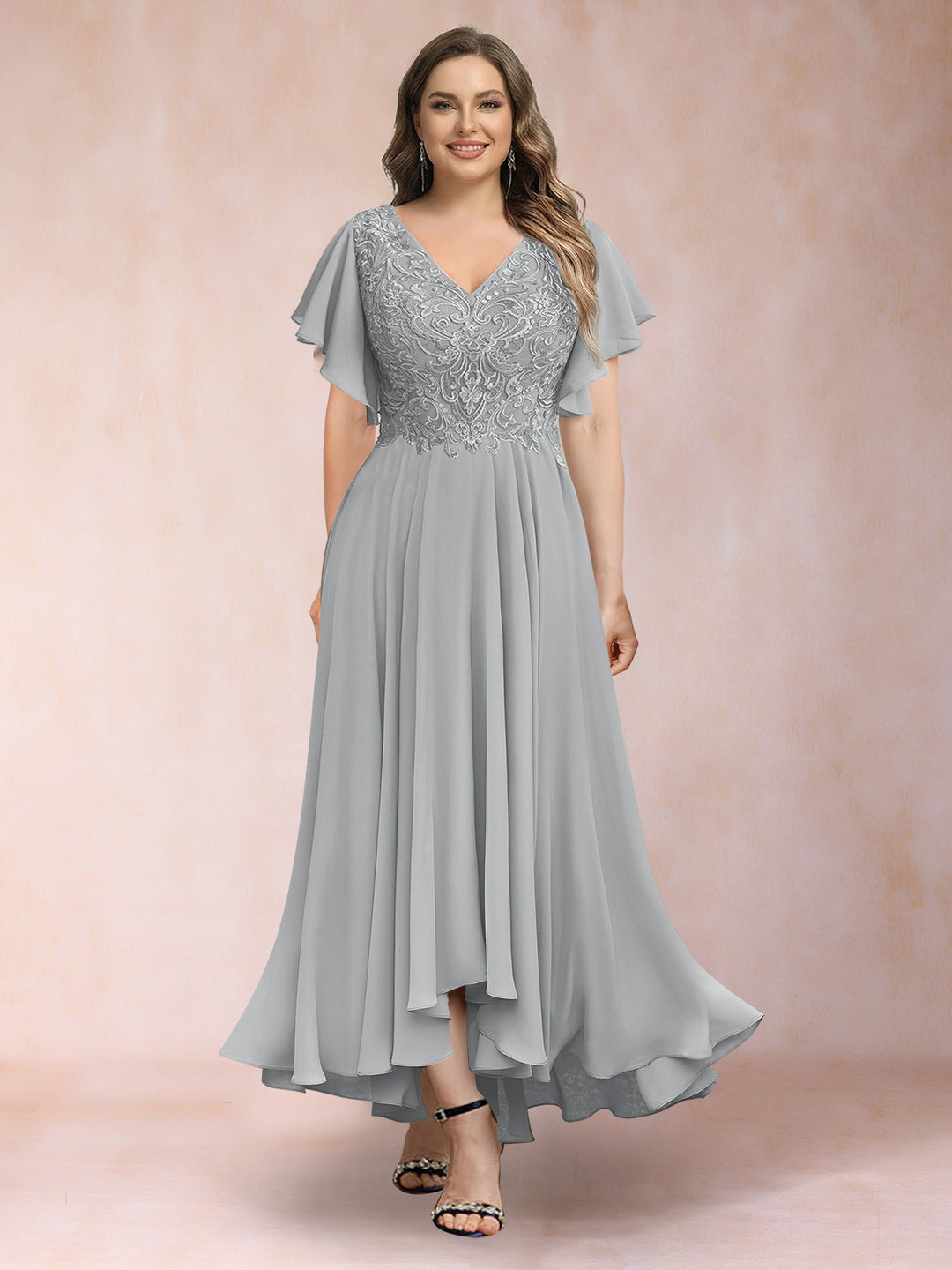 A-Line/Princess V-Neck Short Sleeves Long Plus Size Evening Dresses with Appliques