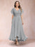 A-Line/Princess V-Neck Short Sleeves Long Plus Size Evening Dresses with Appliques
