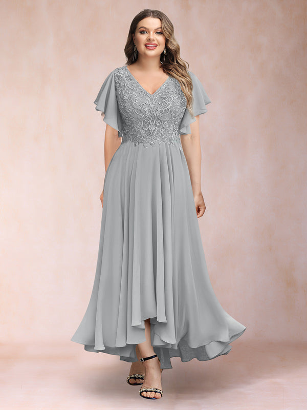 A-Line/Princess V-Neck Short Sleeves Long Plus Size Evening Dresses with Appliques