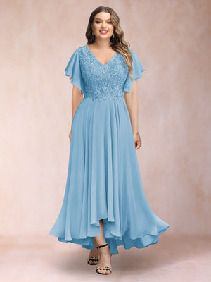 A-Line/Princess V-Neck Short Sleeves Long Plus Size Evening Dresses with Appliques