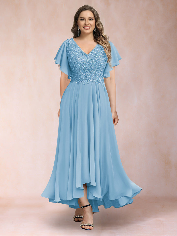 A-Line/Princess V-Neck Short Sleeves Long Plus Size Evening Dresses with Appliques