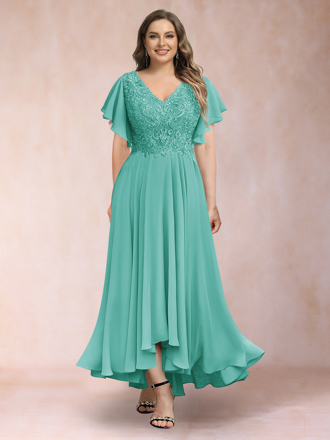 A-Line/Princess V-Neck Short Sleeves Long Plus Size Evening Dresses with Appliques