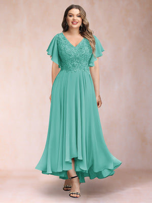 A-Line/Princess V-Neck Short Sleeves Long Plus Size Evening Dresses with Appliques