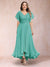 A-Line/Princess V-Neck Short Sleeves Long Plus Size Evening Dresses with Appliques