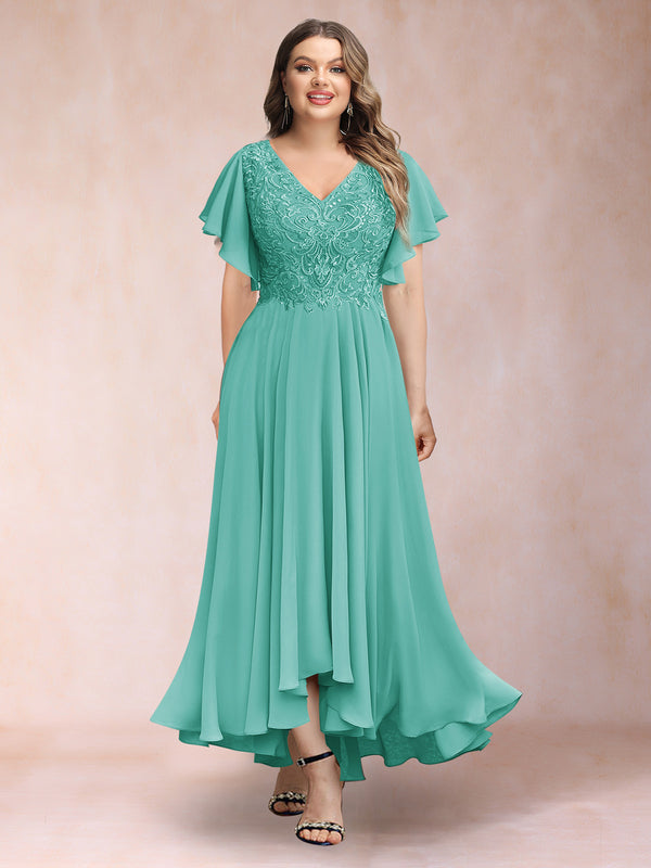 A-Line/Princess V-Neck Short Sleeves Long Plus Size Evening Dresses with Appliques