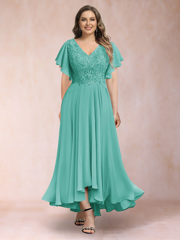 A-Line/Princess V-Neck Short Sleeves Long Plus Size Evening Dresses with Appliques