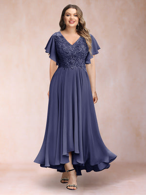 A-Line/Princess V-Neck Short Sleeves Long Plus Size Evening Dresses with Appliques