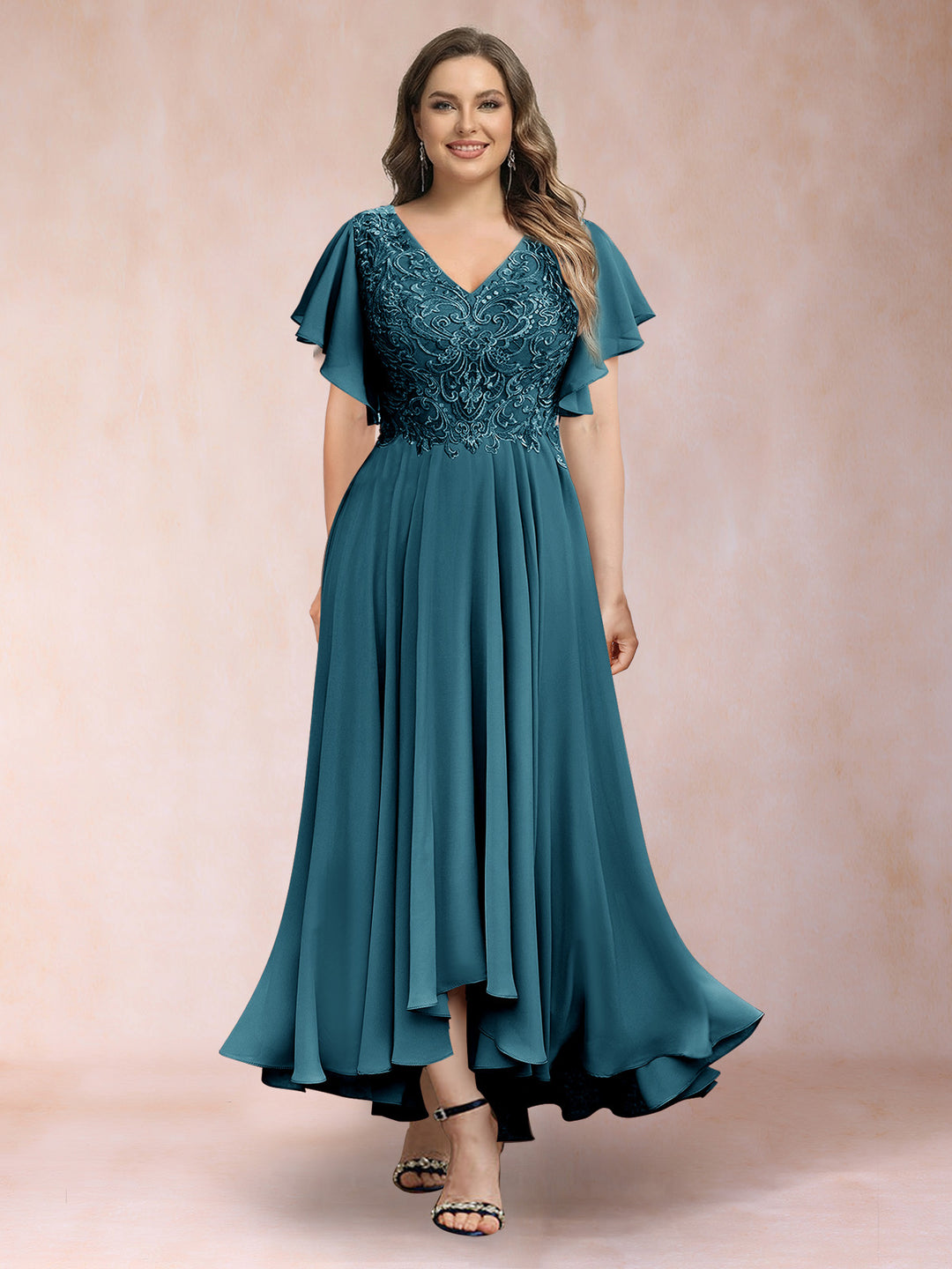 A-Line/Princess V-Neck Short Sleeves Long Plus Size Evening Dresses with Appliques