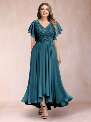 A-Line/Princess V-Neck Short Sleeves Long Plus Size Evening Dresses with Appliques