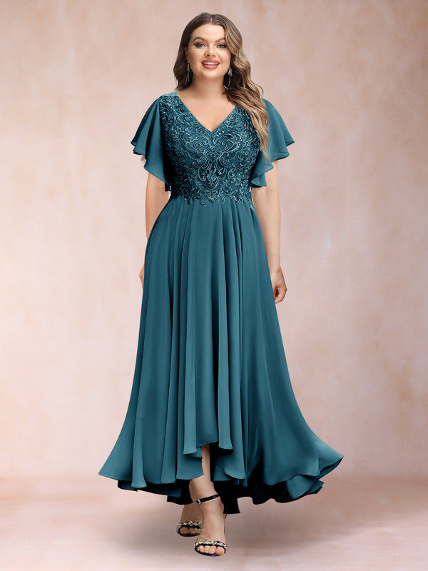 A-Line/Princess V-Neck Short Sleeves Long Plus Size Evening Dresses with Appliques