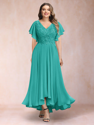 A-Line/Princess V-Neck Short Sleeves Long Plus Size Evening Dresses with Appliques