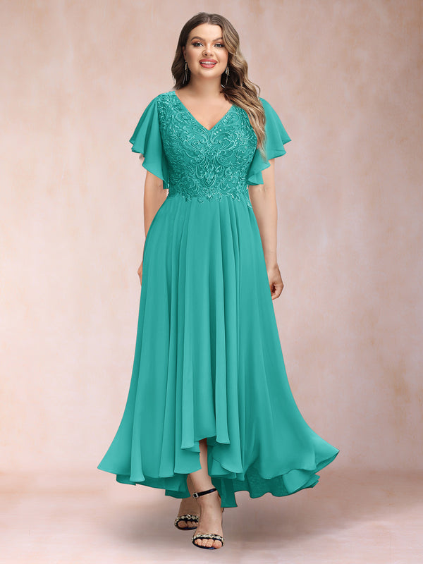 A-Line/Princess V-Neck Short Sleeves Long Plus Size Evening Dresses with Appliques