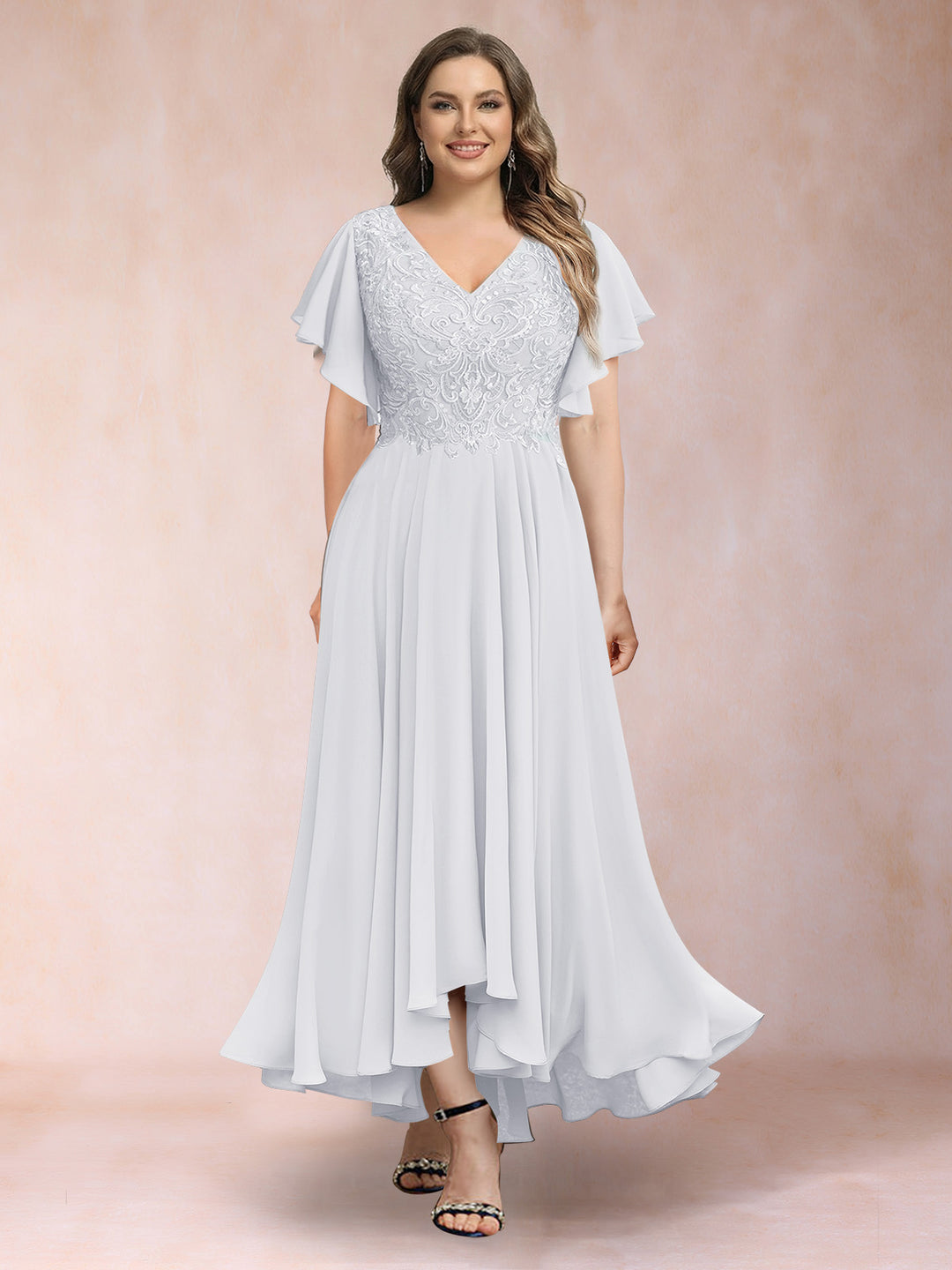 A-Line/Princess V-Neck Short Sleeves Long Plus Size Evening Dresses with Appliques
