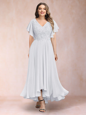 A-Line/Princess V-Neck Short Sleeves Long Plus Size Evening Dresses with Appliques