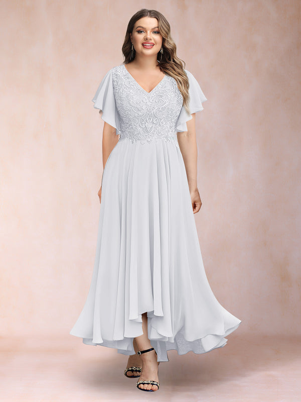 A-Line/Princess V-Neck Short Sleeves Long Plus Size Evening Dresses with Appliques