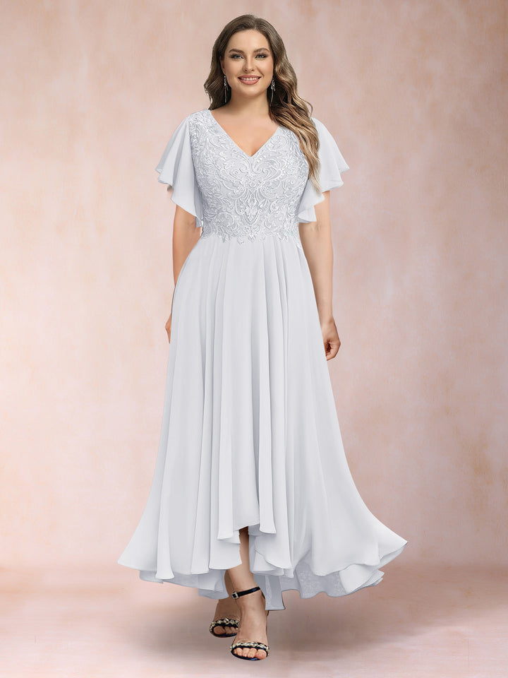 A-Line/Princess V-Neck Short Sleeves Long Plus Size Evening Dresses with Appliques