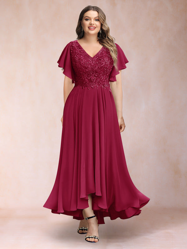 A-Line/Princess V-Neck Short Sleeves Long Plus Size Evening Dresses with Appliques