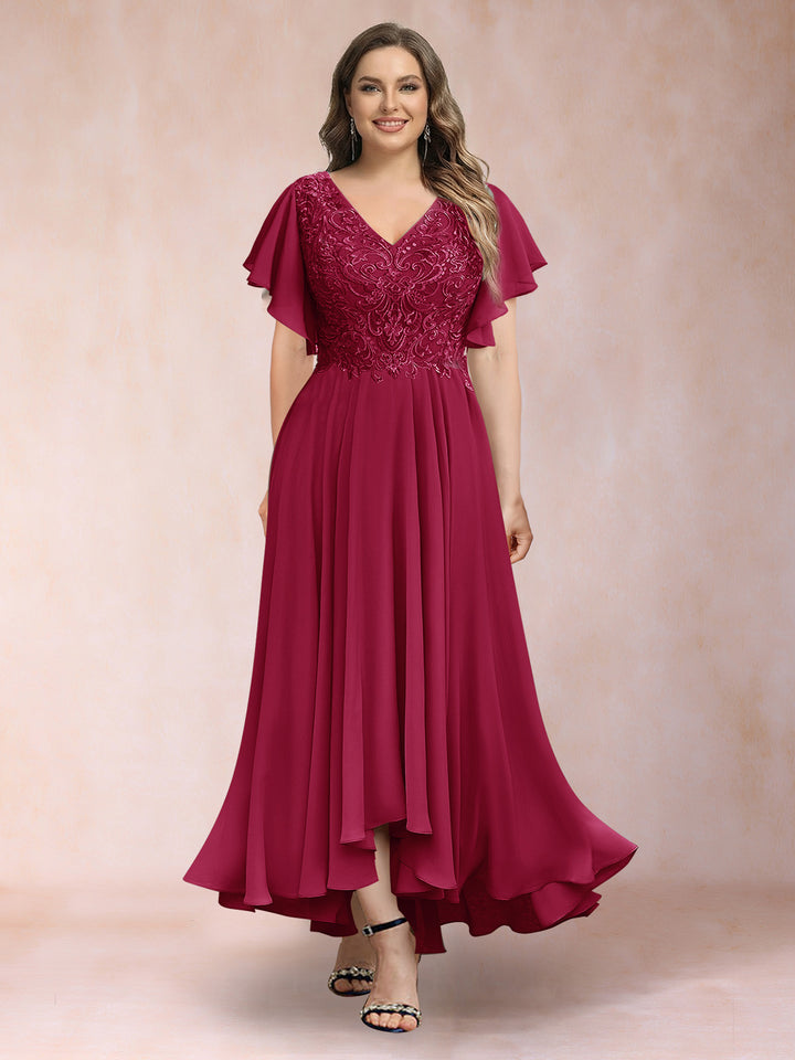 A-Line/Princess V-Neck Short Sleeves Long Plus Size Evening Dresses with Appliques