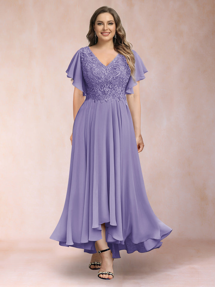 A-Line/Princess V-Neck Short Sleeves Long Plus Size Evening Dresses with Appliques