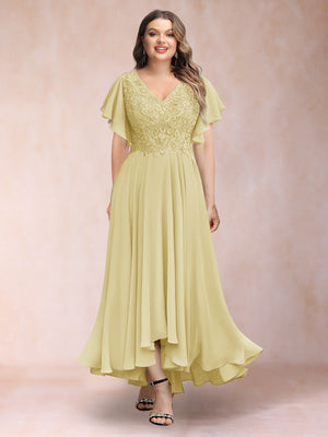A-Line/Princess V-Neck Short Sleeves Long Plus Size Evening Dresses with Appliques