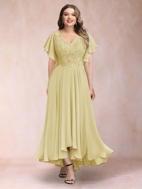 A-Line/Princess V-Neck Short Sleeves Long Plus Size Evening Dresses with Appliques