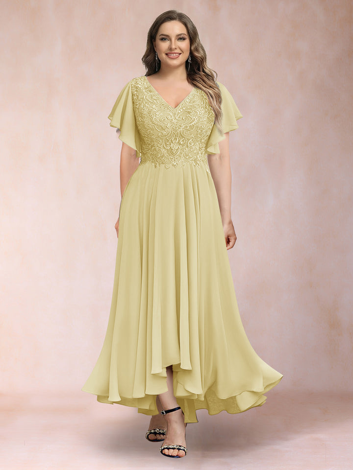 A-Line/Princess V-Neck Short Sleeves Long Plus Size Evening Dresses with Appliques