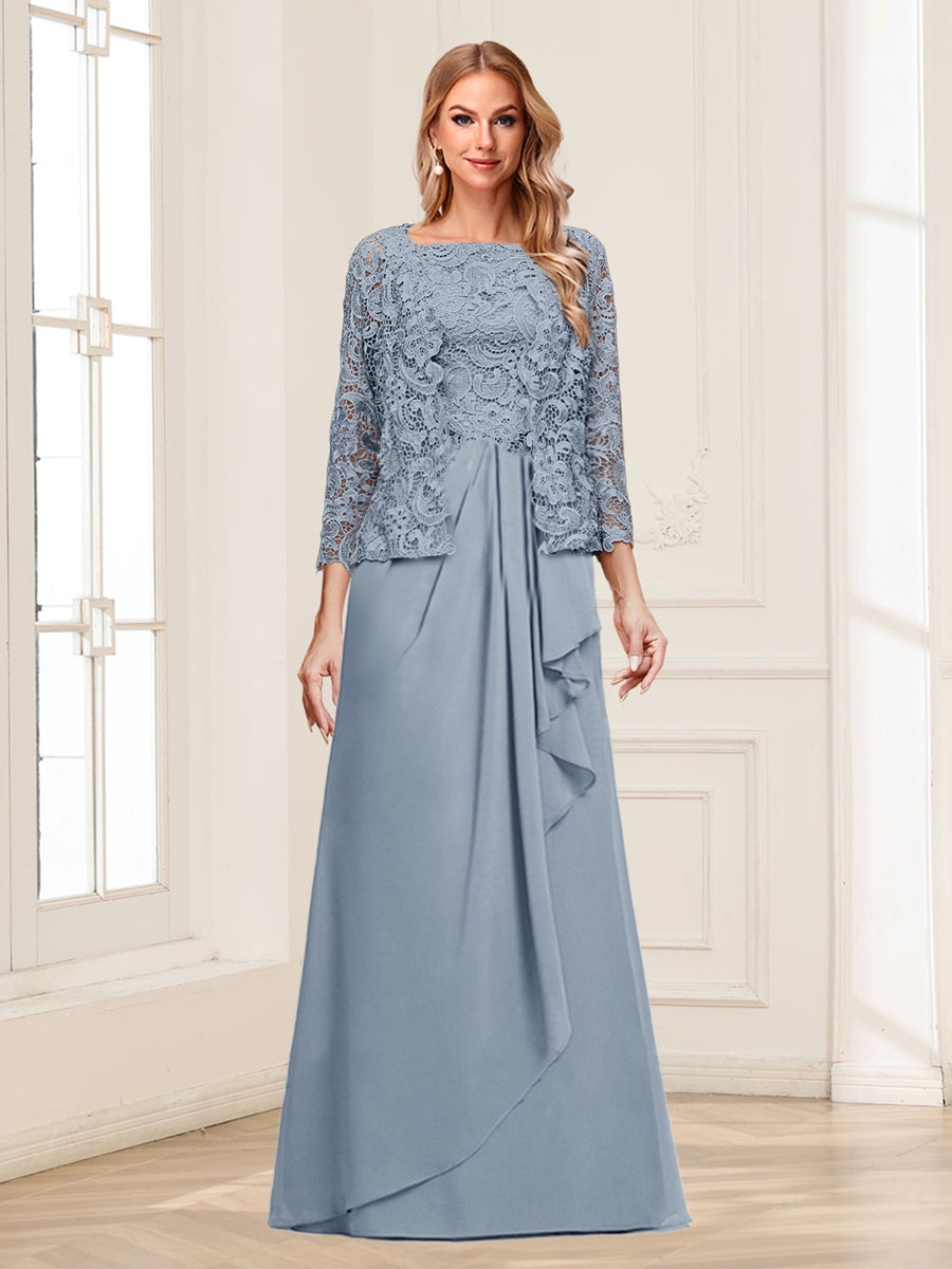 Lace Chiffon Square Neck 3/4 Sleeves 2 Pieces Mother of the Bride Dresses with Appliques &amp; Jacket