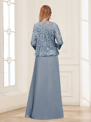 Lace Chiffon Square Neck 3/4 Sleeves 2 Pieces Mother of the Bride Dresses with Appliques & Jacket