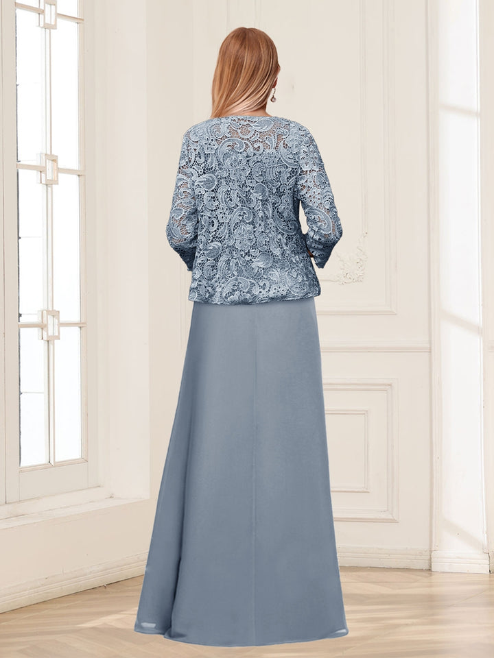 Lace Chiffon Square Neck 3/4 Sleeves 2 Pieces Mother of the Bride Dresses with Appliques &amp; Jacket