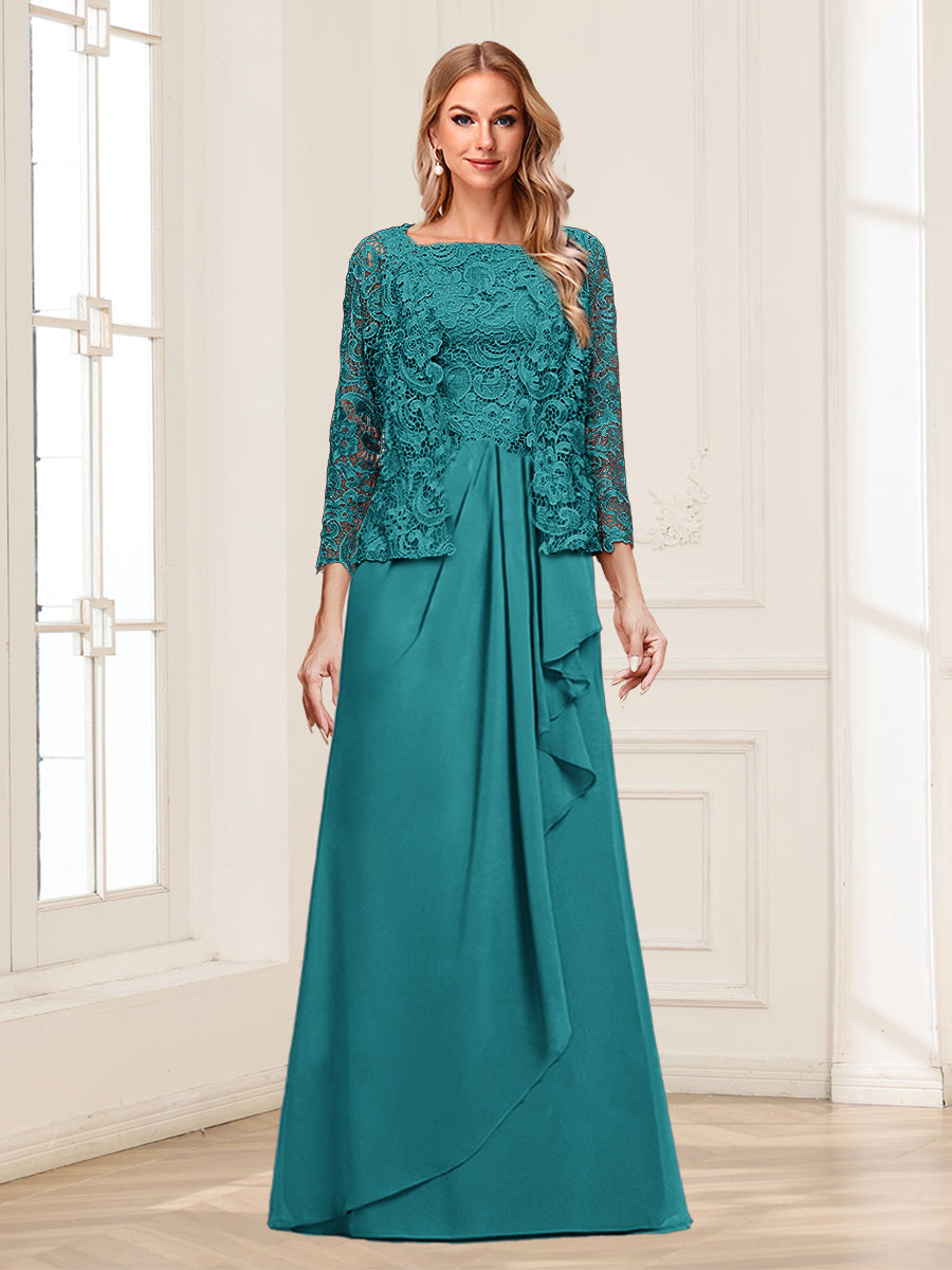 Lace Chiffon Square Neck 3/4 Sleeves 2 Pieces Mother of the Bride Dresses with Appliques &amp; Jacket