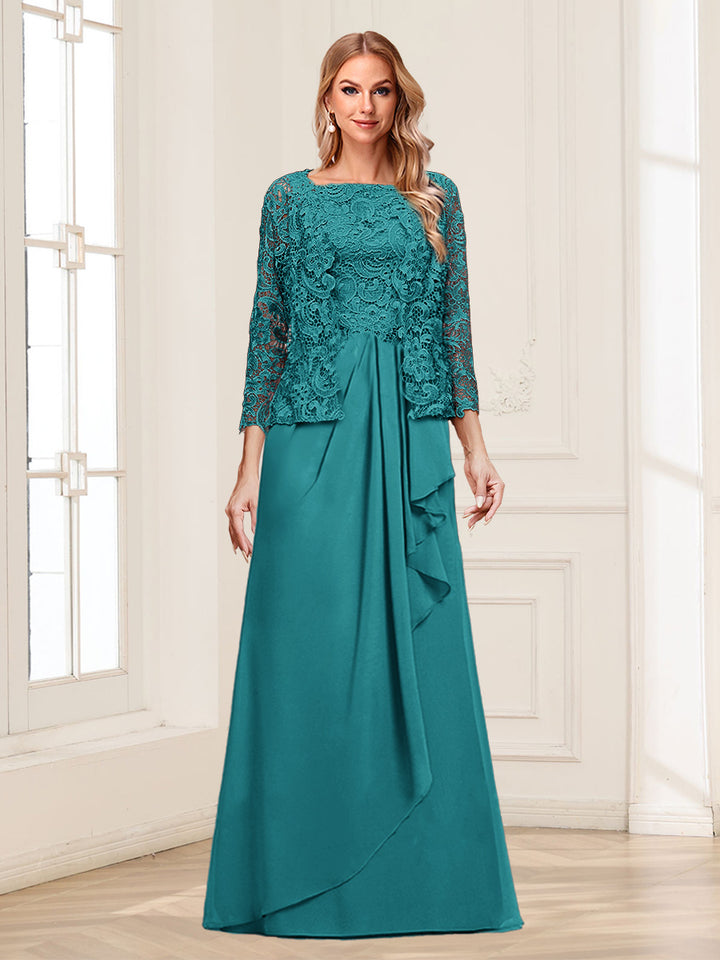 Lace Chiffon Square Neck 3/4 Sleeves 2 Pieces Mother of the Bride Dresses with Appliques &amp; Jacket