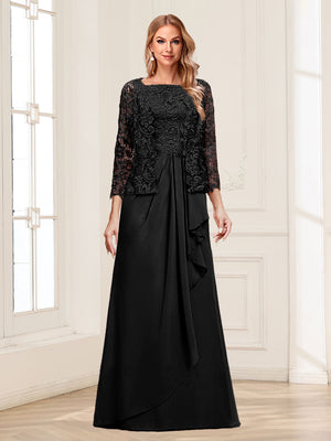 Lace Chiffon Square Neck 3/4 Sleeves 2 Pieces Mother of the Bride Dresses with Appliques & Jacket