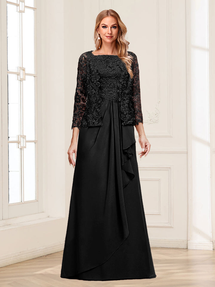 Lace Chiffon Square Neck 3/4 Sleeves 2 Pieces Mother of the Bride Dresses with Appliques &amp; Jacket