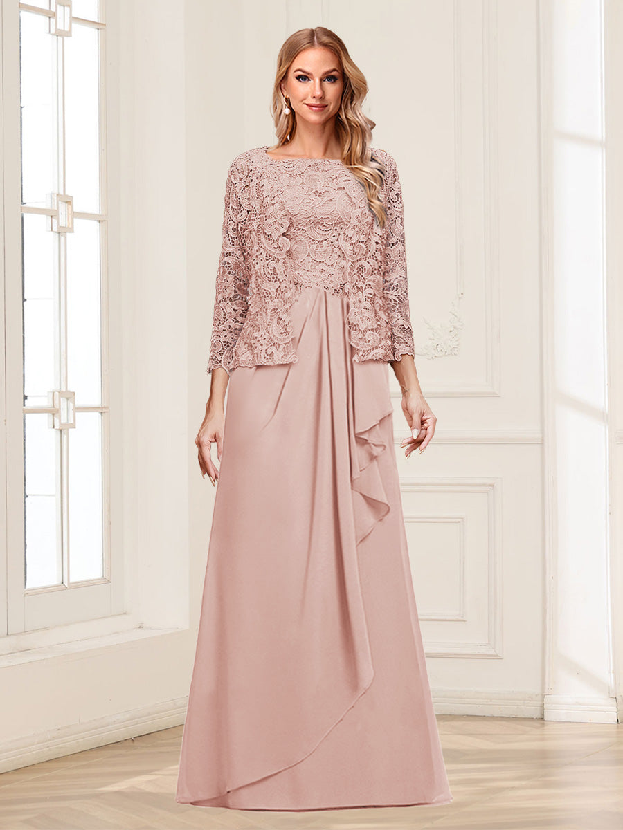 Lace Chiffon Square Neck 3/4 Sleeves 2 Pieces Mother of the Bride Dresses with Appliques &amp; Jacket