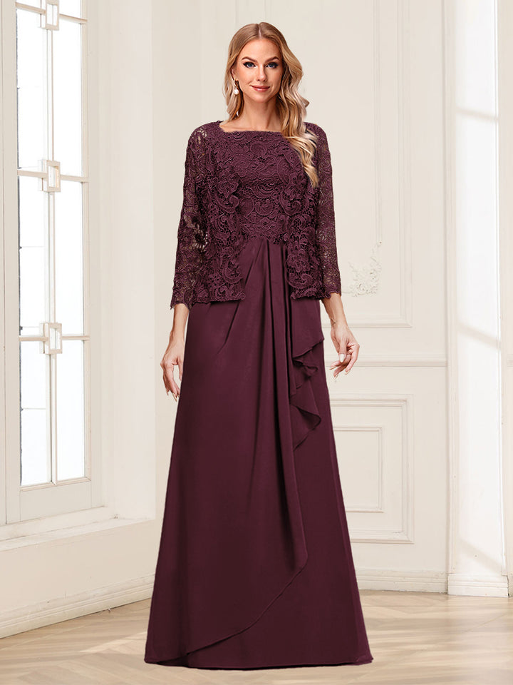 Lace Chiffon Square Neck 3/4 Sleeves 2 Pieces Mother of the Bride Dresses with Appliques &amp; Jacket