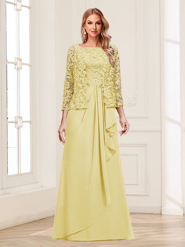Lace Chiffon Square Neck 3/4 Sleeves 2 Pieces Mother of the Bride Dresses with Appliques &amp; Jacket