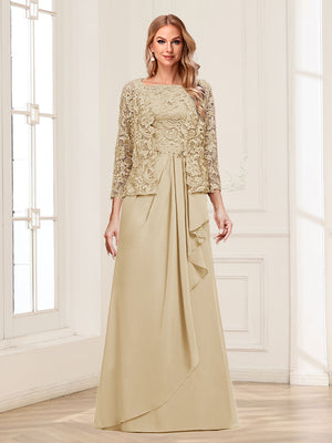 Lace Chiffon Square Neck 3/4 Sleeves 2 Pieces Mother of the Bride Dresses with Appliques & Jacket