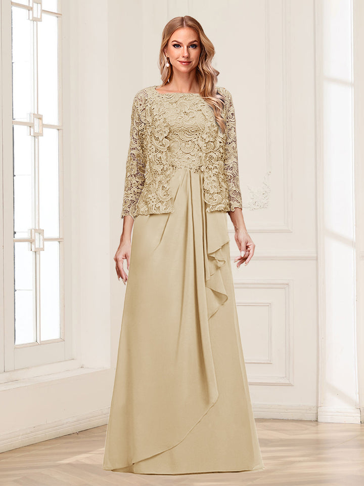 Lace Chiffon Square Neck 3/4 Sleeves 2 Pieces Mother of the Bride Dresses with Appliques &amp; Jacket