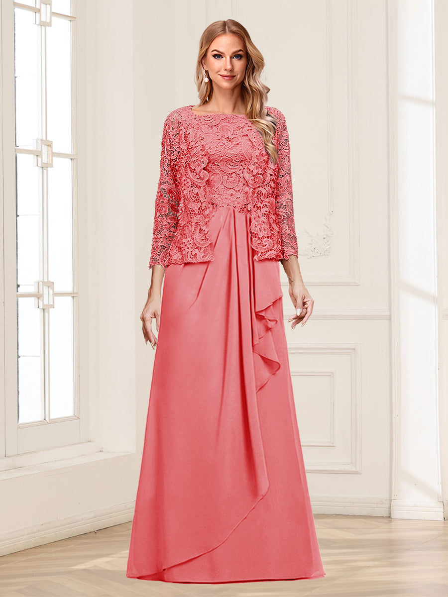 Lace Chiffon Square Neck 3/4 Sleeves 2 Pieces Mother of the Bride Dresses with Appliques &amp; Jacket