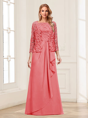 Lace Chiffon Square Neck 3/4 Sleeves 2 Pieces Mother of the Bride Dresses with Appliques & Jacket