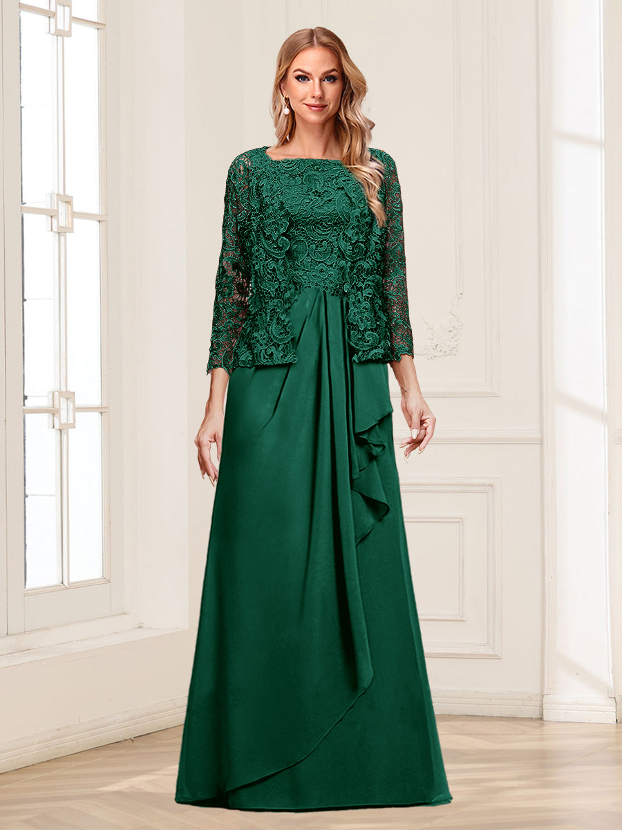 Lace Chiffon Square Neck 3/4 Sleeves 2 Pieces Mother of the Bride Dresses with Appliques &amp; Jacket