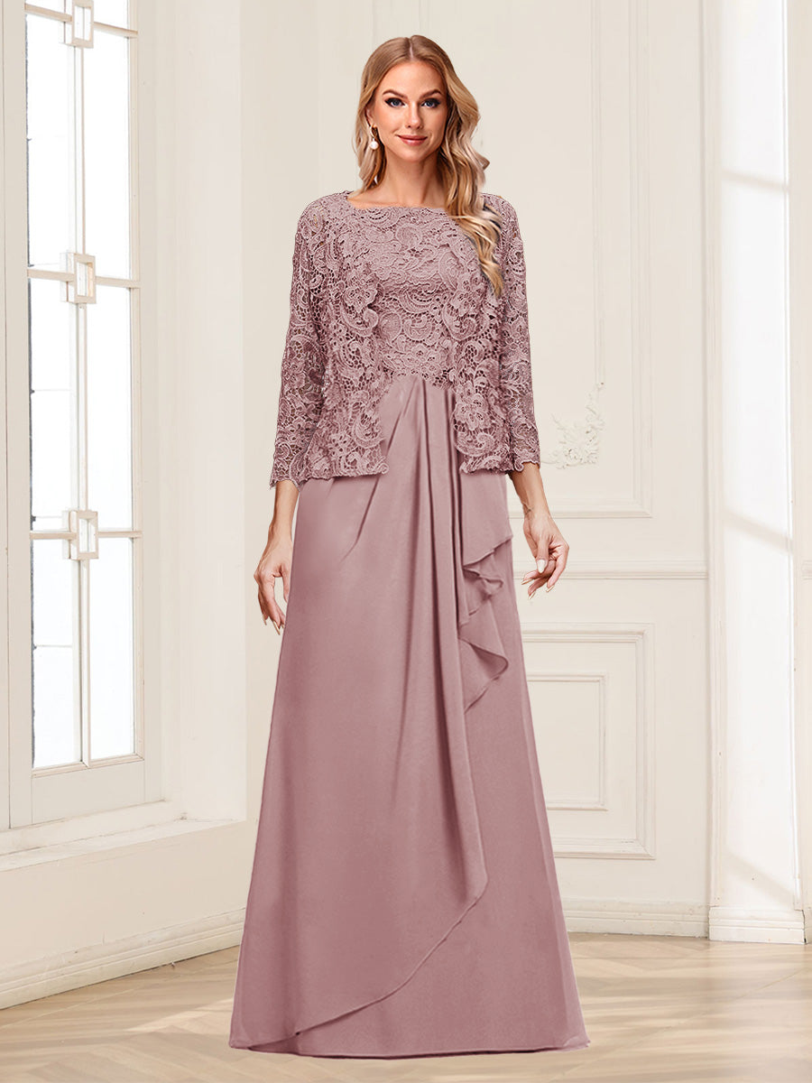 Lace Chiffon Square Neck 3/4 Sleeves 2 Pieces Mother of the Bride Dresses with Appliques &amp; Jacket