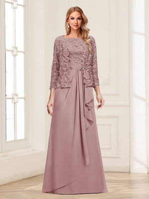 Lace Chiffon Square Neck 3/4 Sleeves 2 Pieces Mother of the Bride Dresses with Appliques & Jacket