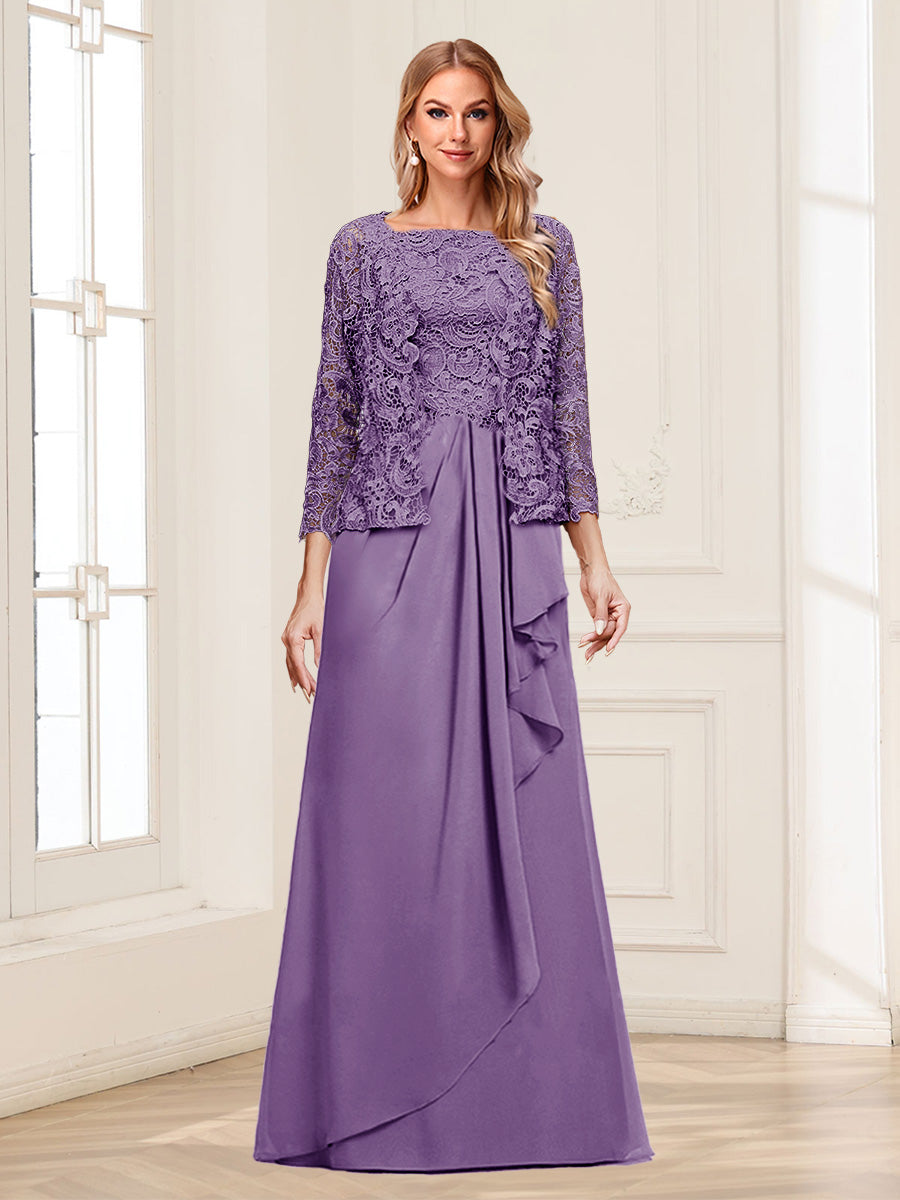 Lace Chiffon Square Neck 3/4 Sleeves 2 Pieces Mother of the Bride Dresses with Appliques &amp; Jacket