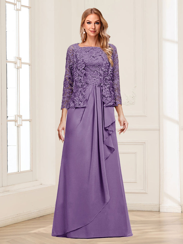 Lace Chiffon Square Neck 3/4 Sleeves 2 Pieces Mother of the Bride Dresses with Appliques &amp; Jacket