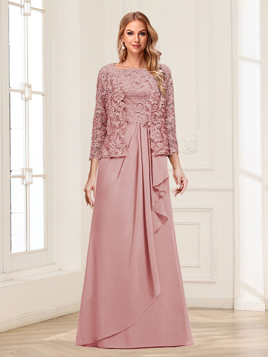 Lace Chiffon Square Neck 3/4 Sleeves 2 Pieces Mother of the Bride Dresses with Appliques &amp; Jacket